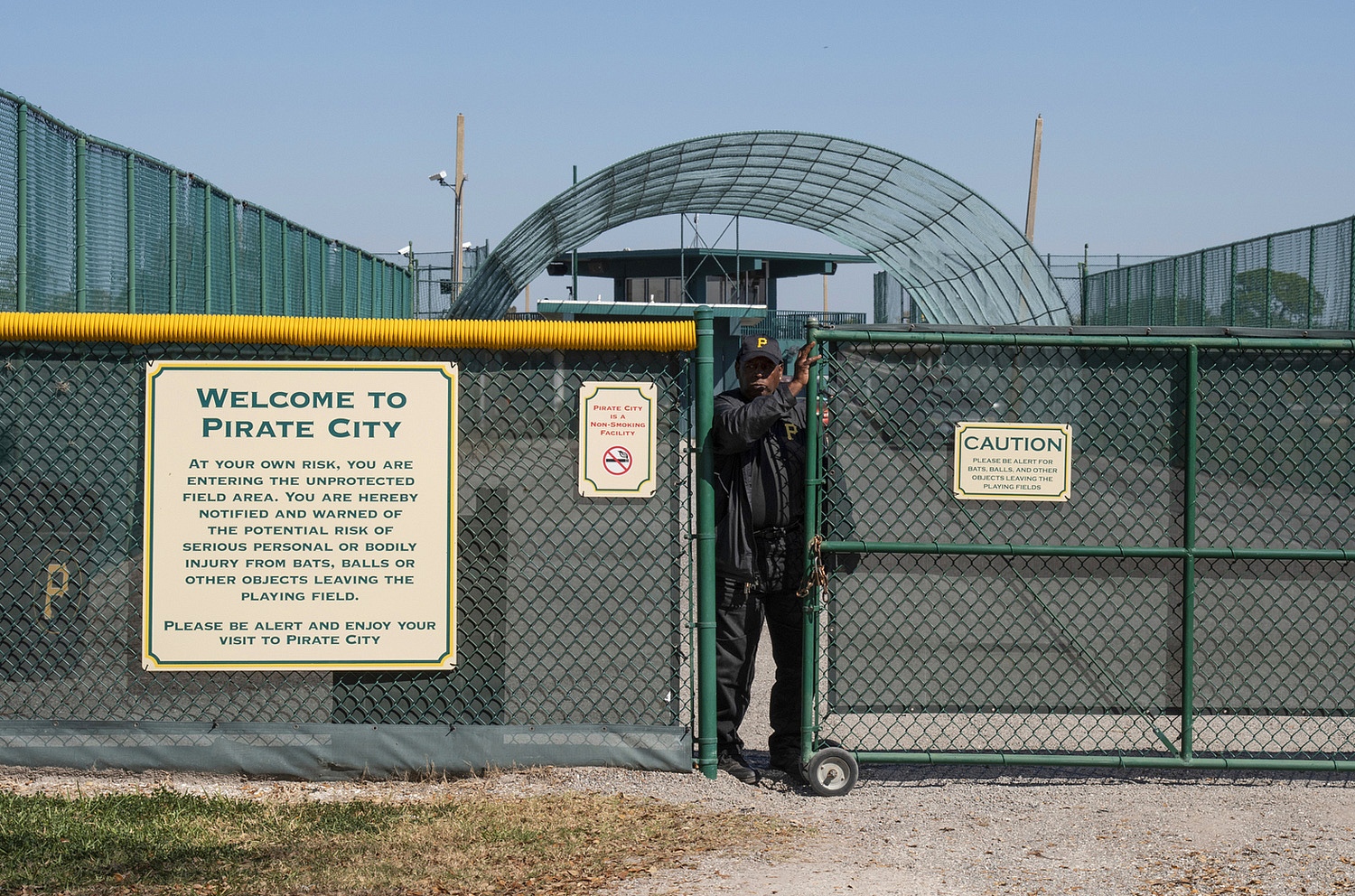 Visitors to Pirate City in Bradenton are met at the entrance gate by a security guard to let them know that there’s no access to Minor League practice.