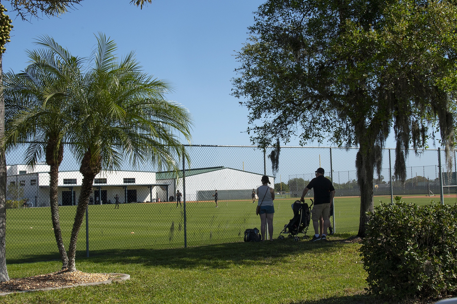 The Blakely families from Warren, PA and Indianapolis, watch Minor Leaguers go through drills at Pirate City in Bradenton.